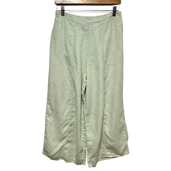 FLAX 100% Linen Wide Leg Pants Womens Small Mint Green Elastic Waist *Flaw