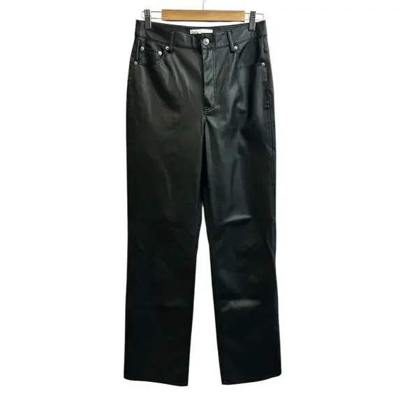 Zara Black Faux Leather High Waisted Pants Trousers USA 6 EUR 38 Pockets Goth