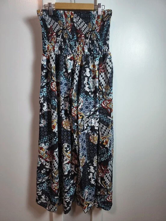 ​Boho Mixed Patchwork Print Smocked Wide-Leg Palazzo Pants / Strapless Jumpsuit
