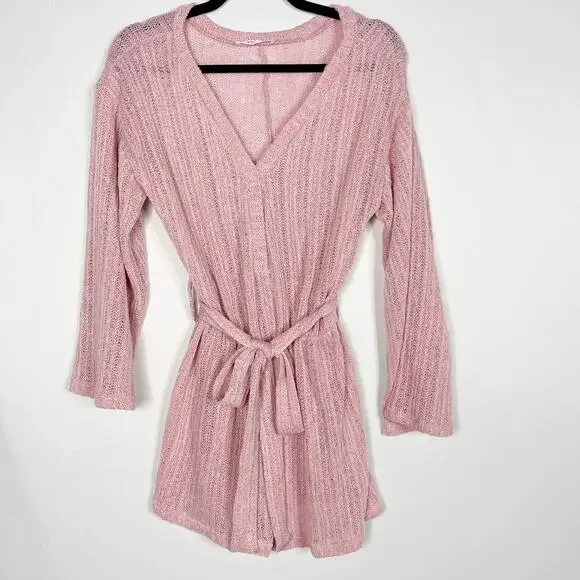 Blue Blush Pink Small S Open Knit Tie Waist Bell Sleeve Romper Cover Up Ribbed