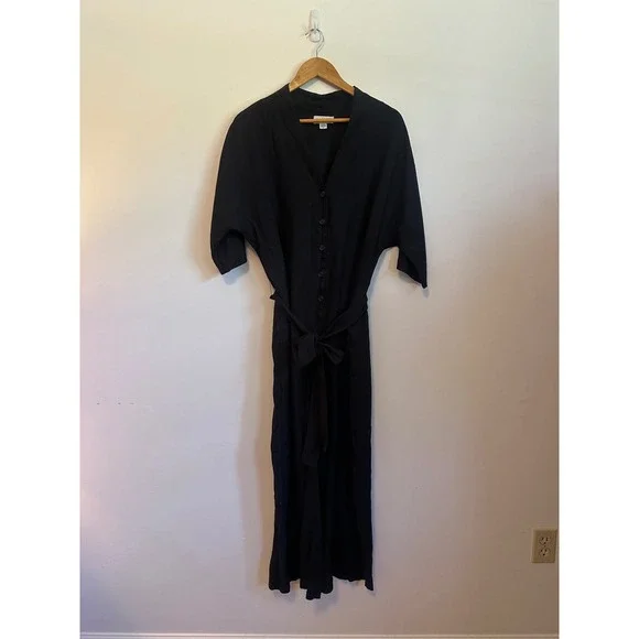 Velvet by Graham & Spencer Black Linen Button Front Wide Leg Jumpsuit | Small