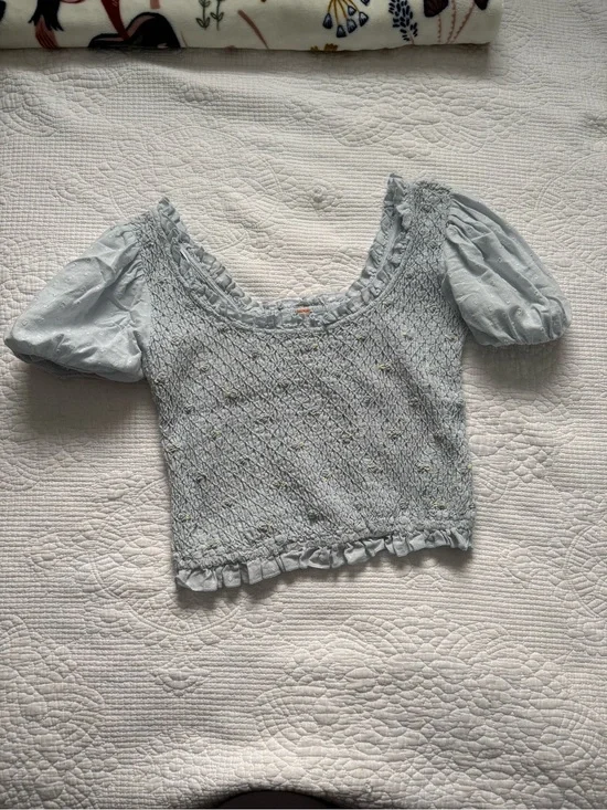 Free People Cecelia Puff Sleeve Smocked embroidered Rosette Cute Top