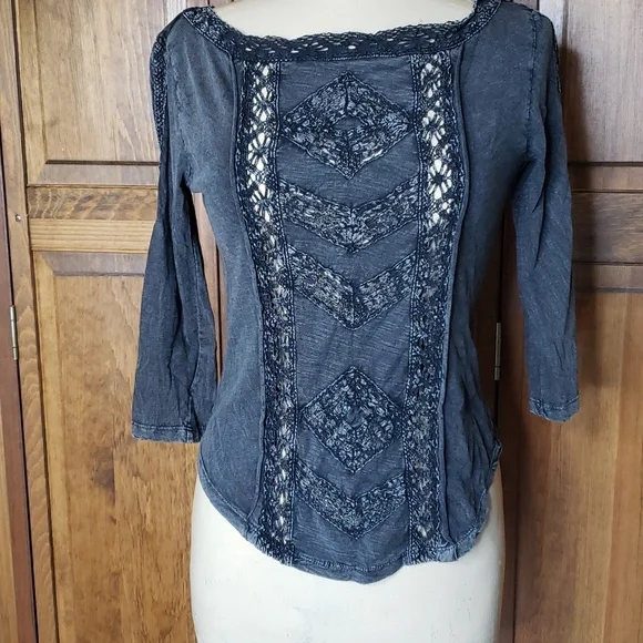 Free People 3/4 Sleeve Lace Trim Top Sz S