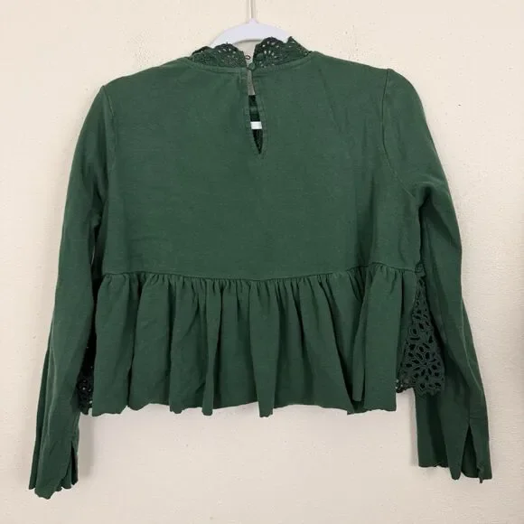 Free People Eyelet Crop Top Brittany Embroidered Sz Medium Green Long Sleeves