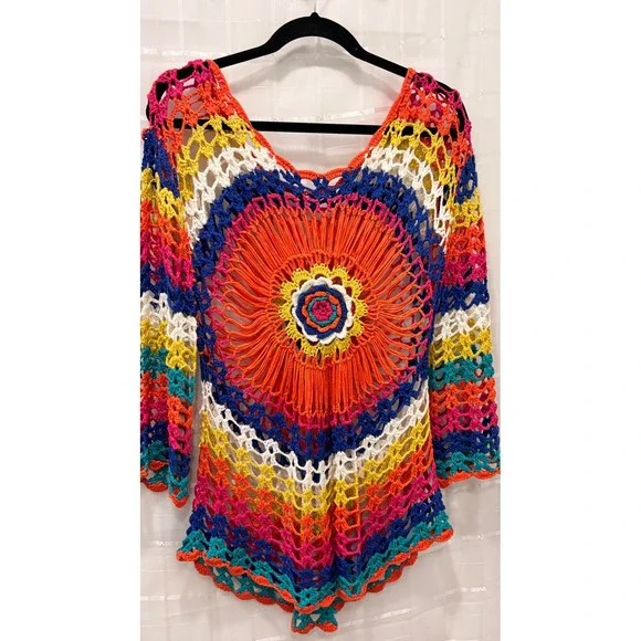 Rainbow Crochet Sunburst Mandala Top Boho Festival Long Sleeve Multi Color