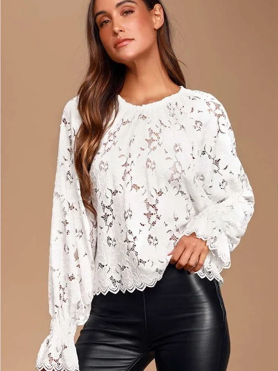 Free People Olivia Ivory Sheer Lace Long Sleeve Top