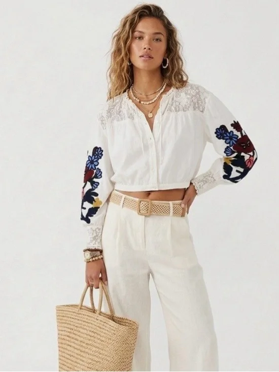 Free People Meadows XS Embroidered Flowy Peasant Cropped Boho Festival Top