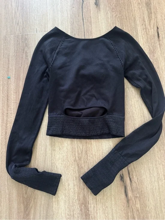 Free People Black Long-Sleeve Cropped Top with Front Keyhole