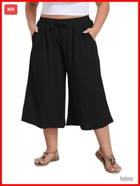 Plus Size Wide Leg Capri Pants Loose Lounge Cropped Culottes with Pockets