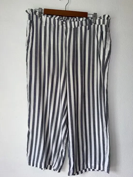 Fever Blue White Striped Coastal Nautical Wide Leg Boho Beachy Palazzo Pants XL