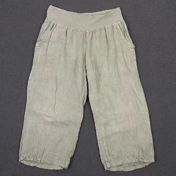100% Linen Pants Womens 2XL Green Wide Leg Cropped Elastic Waist Lagenlook Italy