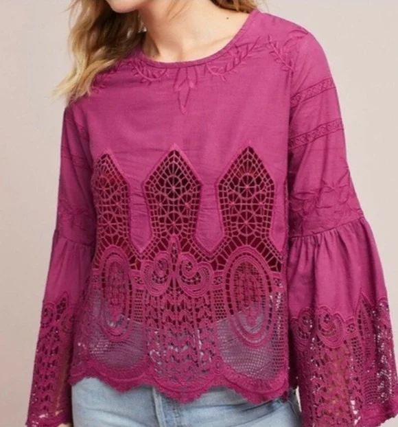 Anthropologie Chloe Oliver Lace Embroidered Blouse, Size L 8-12