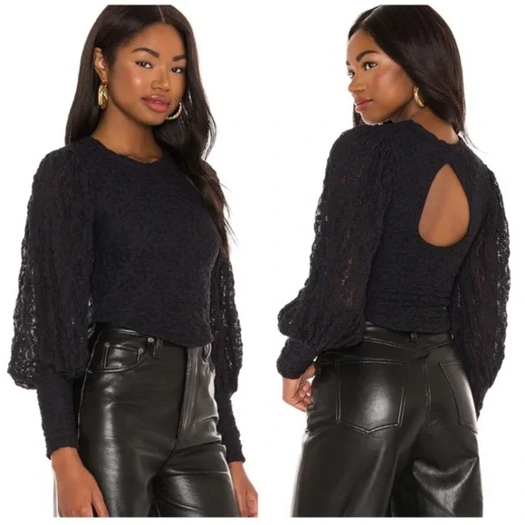 Free People Tea Time Top in Black Size XS Long Sleeve Blouse Lace