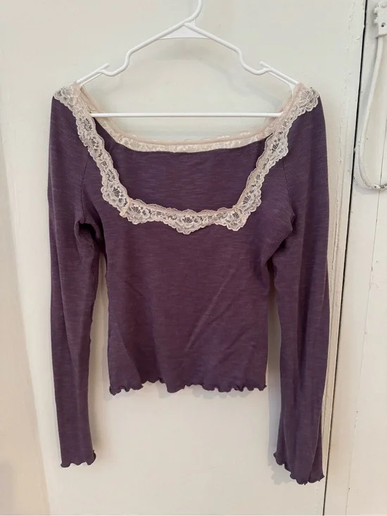 Free People Plum Long Sleeve Top with Cream Lace Trim