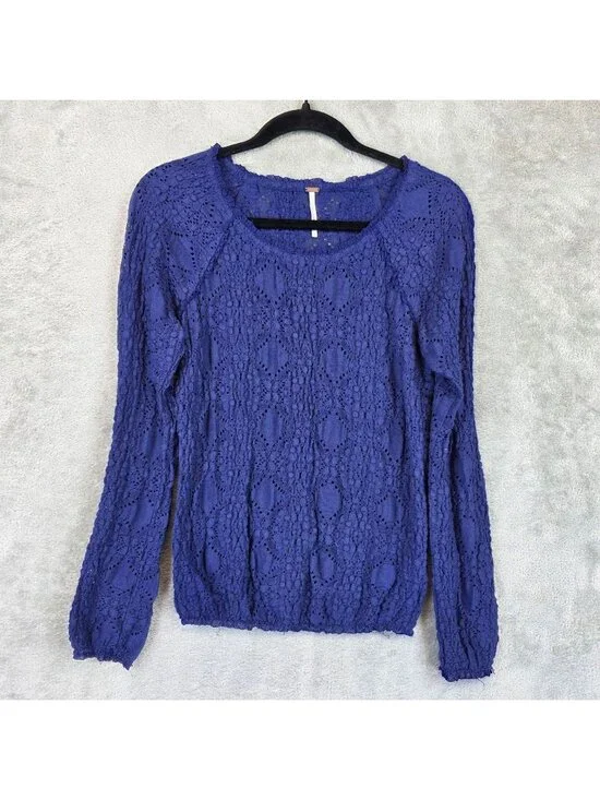 Free People Sunny Pucker Lace Top Womens M Blue Long Sleeve Stretch Boho