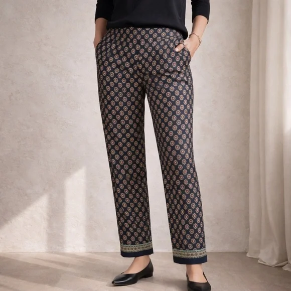 J.Crew Printed Slim (100%) Silk Pants | Navy & Green Pattern | Size 12 Like New