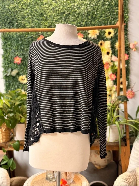 Free People Black & White Striped Crochet Side-Panel Long Sleeve Top