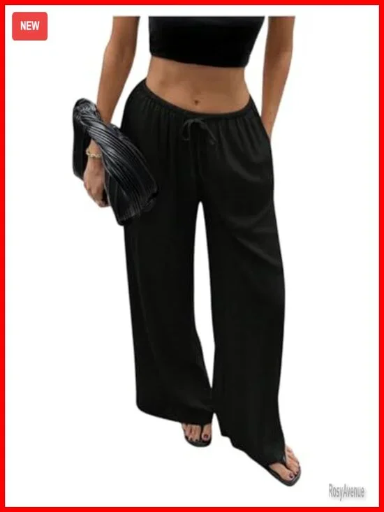 Linen Drawstring Wide Leg Palazzo Pants with Pockets