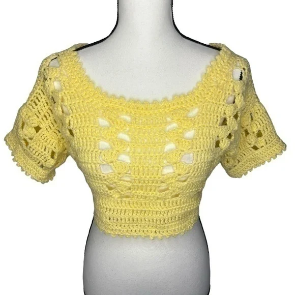 Handmade Crochet Crop Top Light Yellow Acrylic Yarn Short Sleeve Scoop Neck