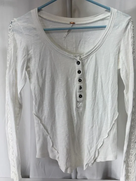 Free People Cream Lace-Trim Henley Long Sleeve Top 2968
