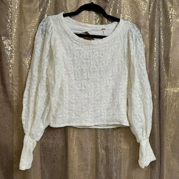 Free People Jasmine Tea Time Long Puff Lace‎ Sleeve Open Back Top Ivory Medium