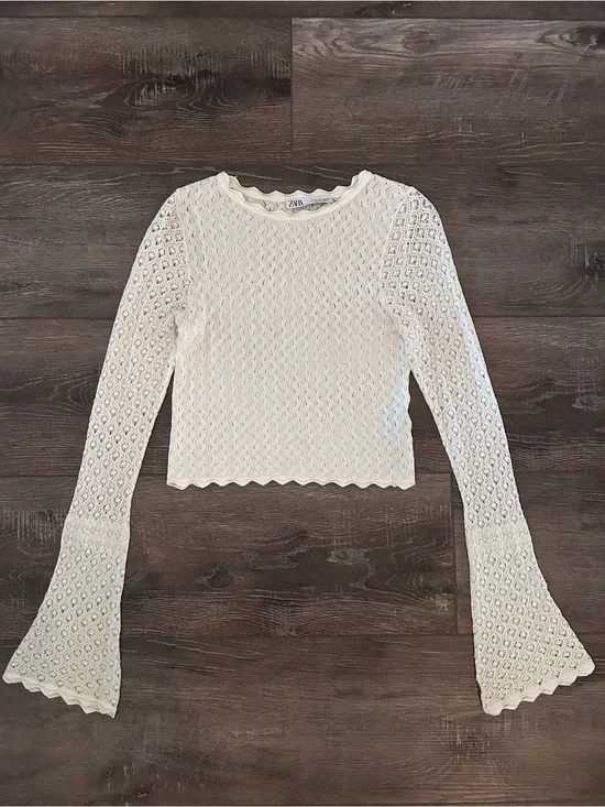ZARA Ivory Open Knit Long-Sleeve Top Small