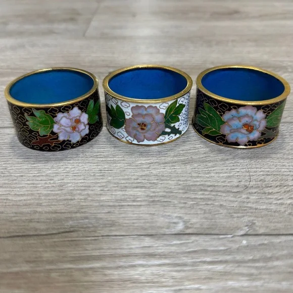 Vintage Cloisonne Enamel Napkin Rings Set of 3 Floral Black White Gold Tone