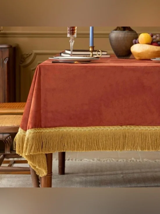 Thickset Velvet w Gold Tassels Tablecloth 60x70” BURNT ORANGE