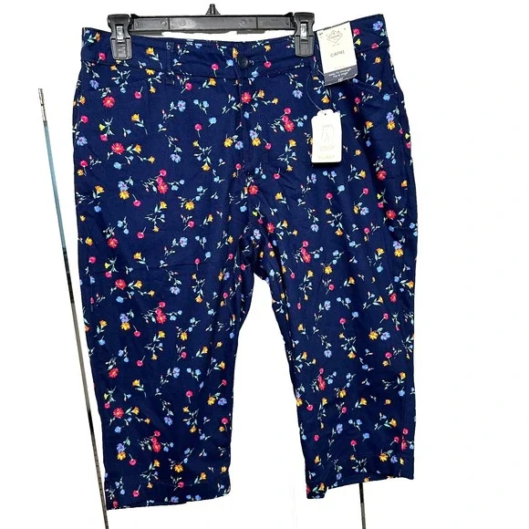 St. John's Bay Women 16P Petite Capri Blue Flower Mid Rise SecretlySlender Pants