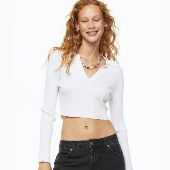 H&M Ribbed Cropped Polo Knit Sweater Tennis Top L