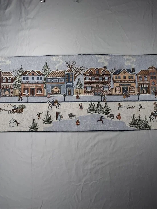 Vtg Christmas Winter Scene Tapestry Table Runner Wall Hanging Holiday Ice Skate