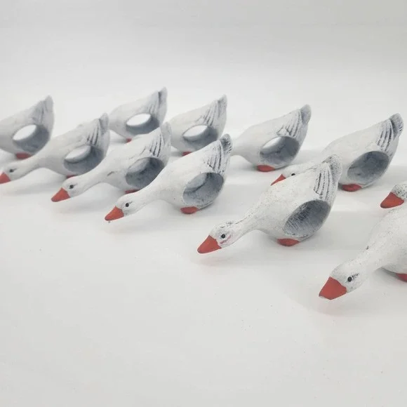 Set of 11 Vintage Hand Painted Wooden Goose Napkin Rings White Rustic‎ Farmhouse
