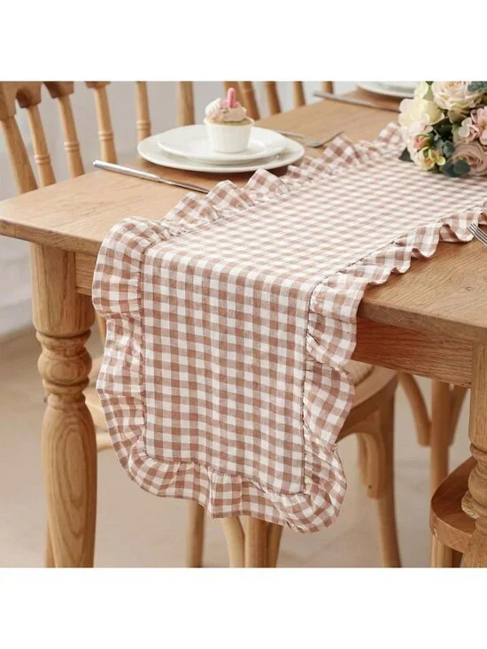 Brown Plaid Gingham Ruffle Table Runner 118x13.8'' - Farmhouse Rustic Decor