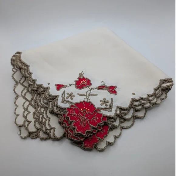 Vtg Madeira Linen Embroidered Napkins Set 12 Red Floral Scalloped Cream 15