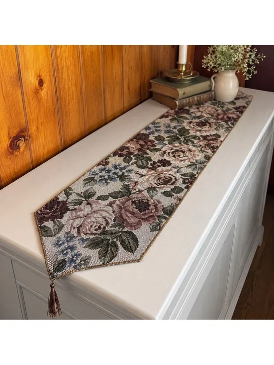 Vintage Floral Tapestry Table Runner 50 x 12.5 Rose Cottagecore Mantel Scarf