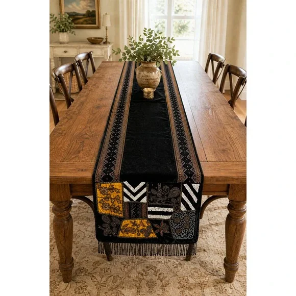 Lam Lee Group Vintage‎ Beaded Velvet Table Runner Black Gold Patchwork 90x17.5