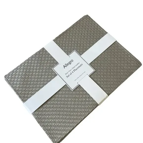 Allegro Metallic Silver Faux Leather Placemats 13x18 Set of 4 Holiday Glam NEW
