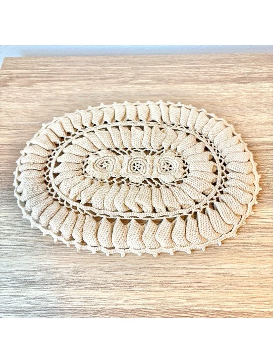 Vintage Handmade Crochet Oval Doily 8x10 Beige Floral Lace Table Centerpiece