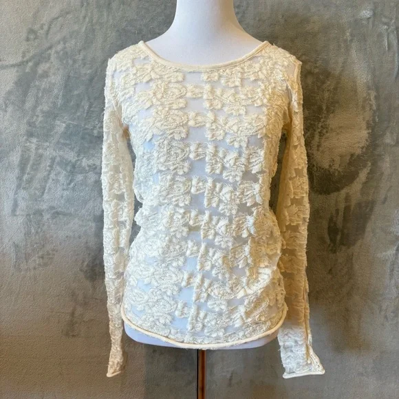 Free People Vintage Lace Embroidered Sheer Long-Sleeve Top Sz S