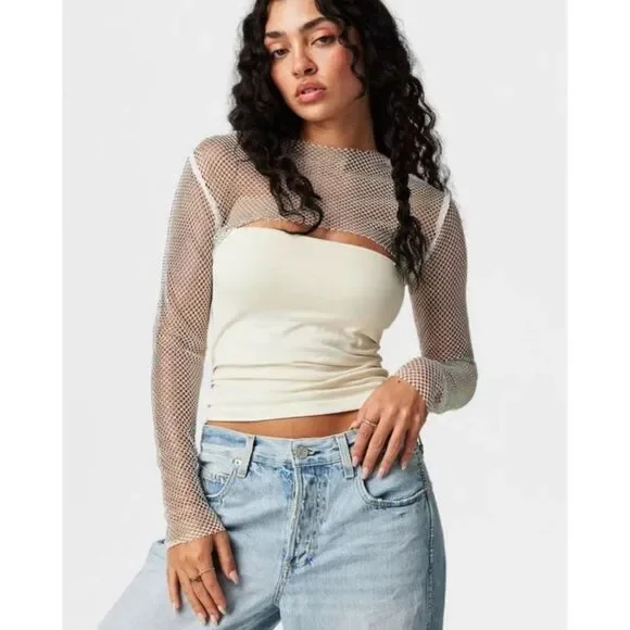 NWOT OS Free People Siren Mesh bolero top XS/S/M white cropped jewel shirt sheer