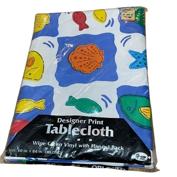 VTG‎ Elrene Fish Colorblock Vinyl Tablecloth 60x84 Flannel Back Coastal Nautical