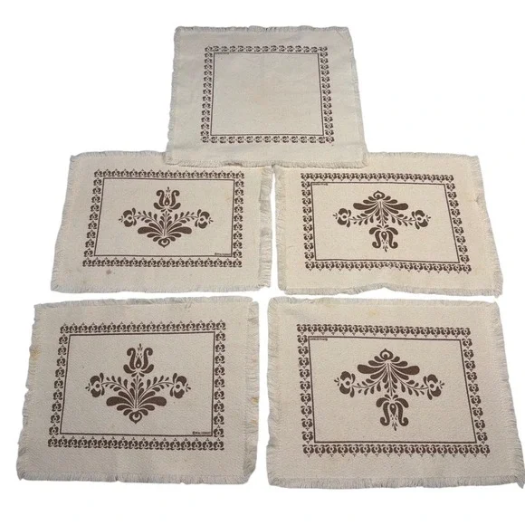VTG Pfaltzgraff Village Placemats Brown Cream Floral Fringed Farmhouse Set of 5