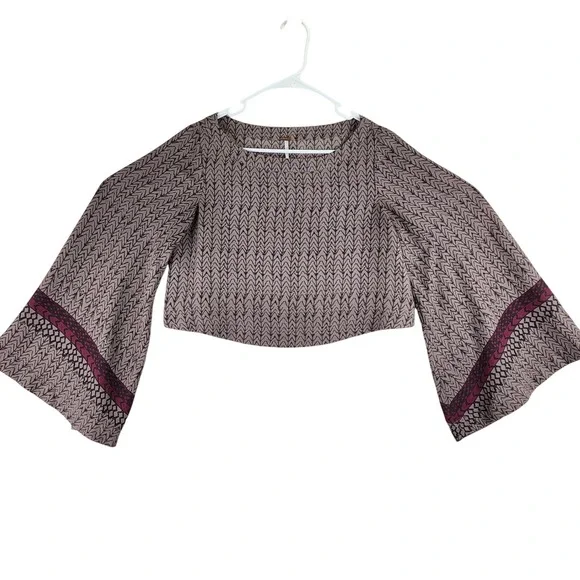 Free People Chevron Print Bell Sleeve Blouse Womens XS Taupe‎ Boho Cropped Top
