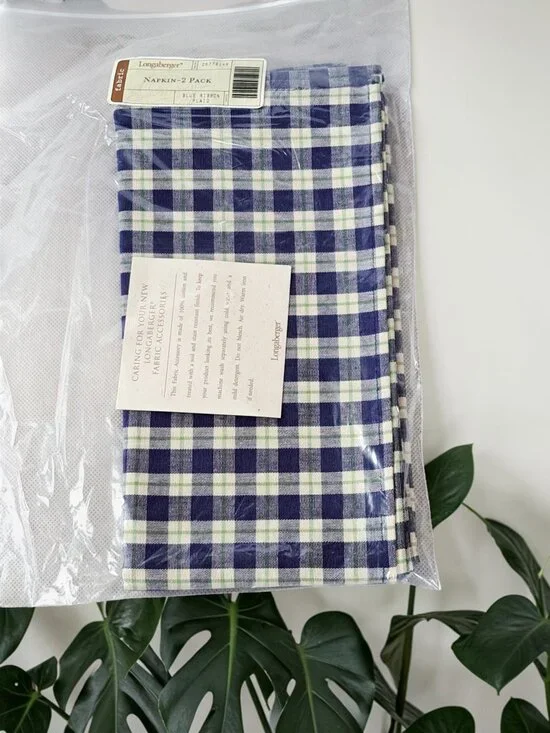Longaberger Set Of 2 Blue Ribbon Plaid Fabric Napkins