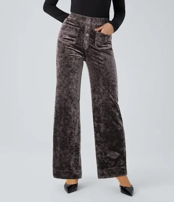 Halara High Waisted Pockets Straight Leg Velvet Casual Pants Plum M