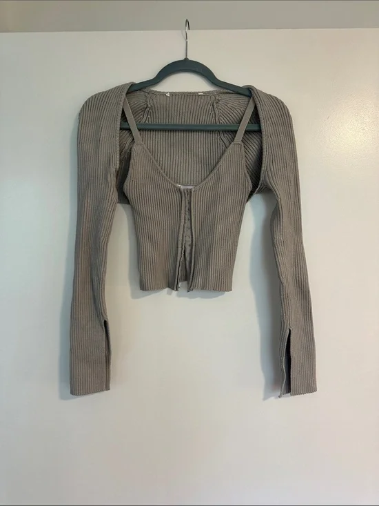 Ribbed Cropped 2 piece set Button-Front Tank with Detachable Bolero - Taupe