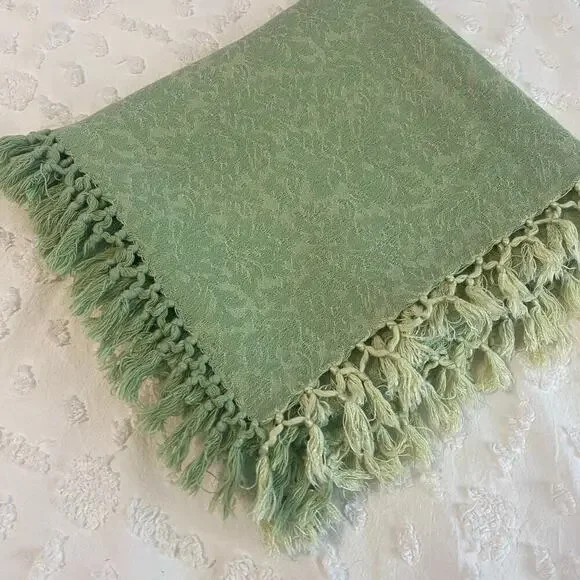 Vintage April Cornell Essentials Tablecloth Square Fringe Green 52x52
