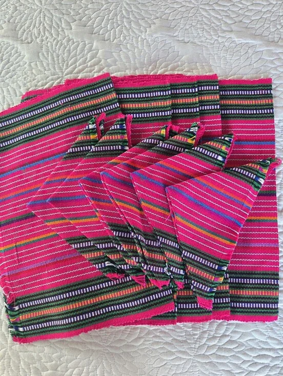 Handwoven Bright Pink Set Of Six Guatamalen Placemats & Napkins Newl