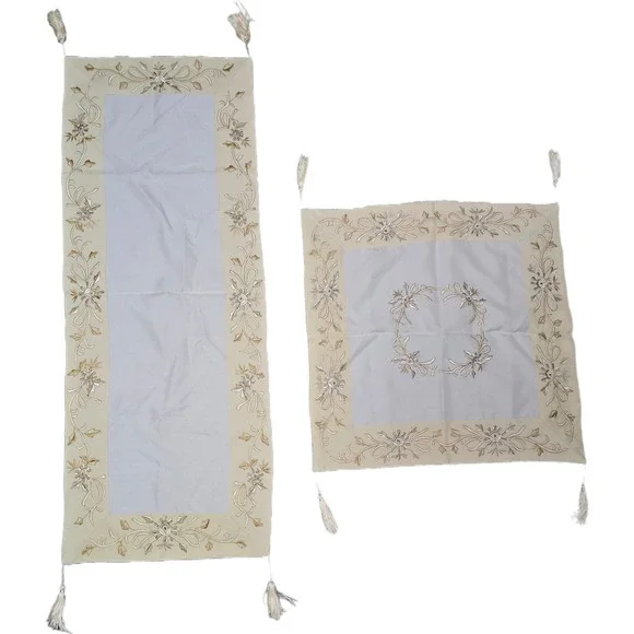 Table Runner Topper Set Beige Gold Floral Excellent Embroidered Tassels