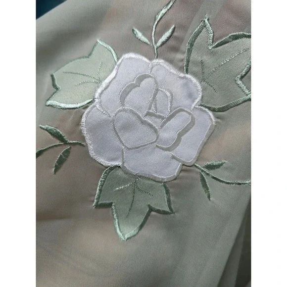 Sage Green Sheer Organza Table Linen Set 7pc White Rose Embroidered Overlay